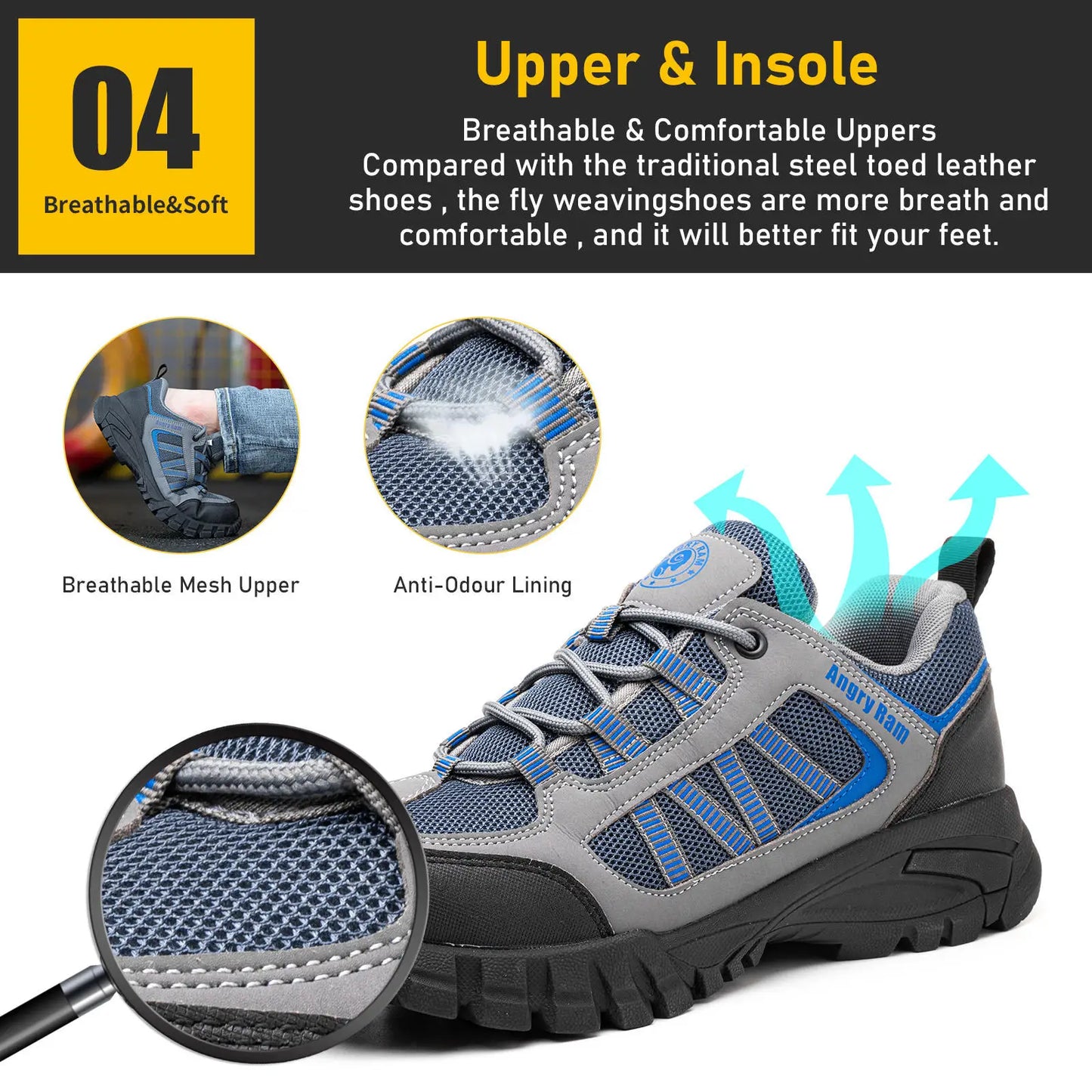 2024 Lightweight Breathable Deodorant Work Shoes Summer Safty Shoes Men Safety Shoes With Rubber Bottom