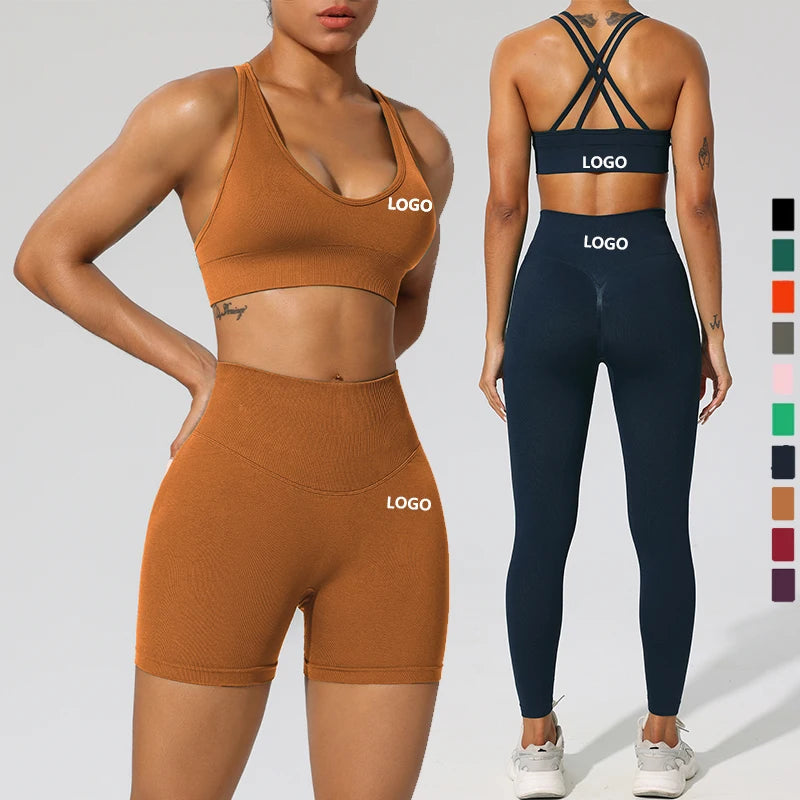 XW-Q059+Q061 Customized Logo Hot Solid Color Fashion Sportswear Yoga Sports Gym Clothes Fitness Women Yoga Fitness 3 Pieces Set