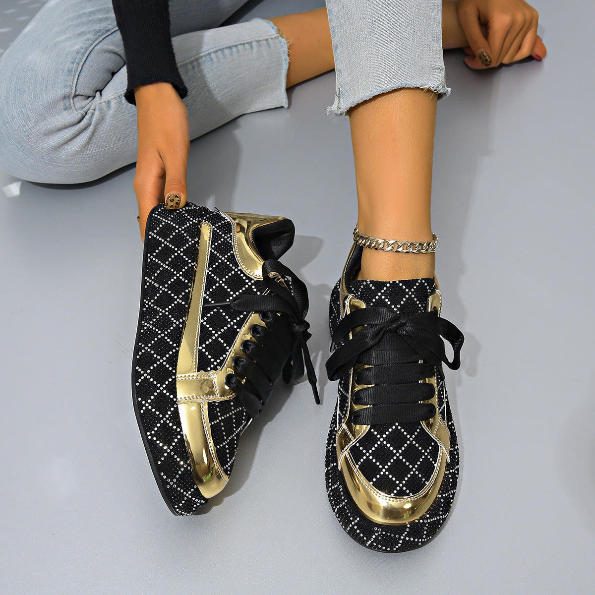 Zapatos planos de moda con diamantes de imitación, zapatos casuales con cordones y suela gruesa versátiles, zapatillas de deporte para mujer